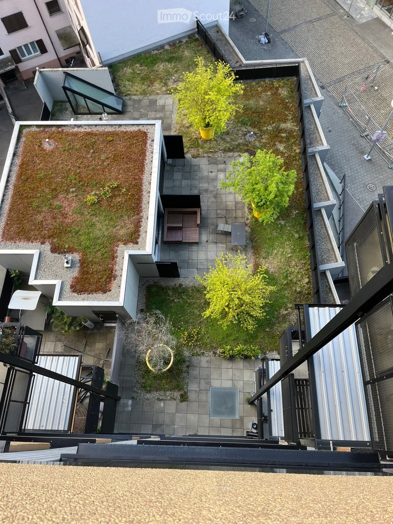 top view of a house, garden with seating area, trees, gravel path, green roof, balcony