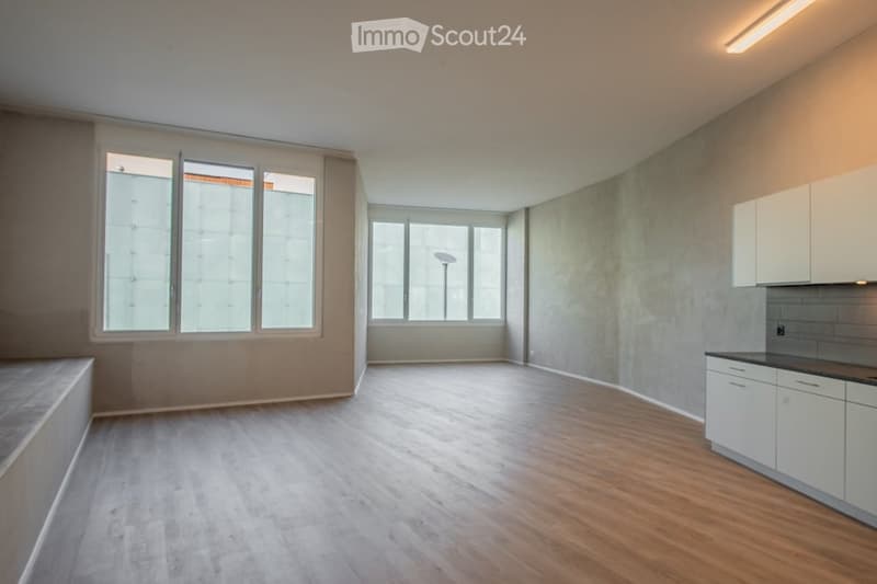 Empty room, wooden floors, white cabinets, large windows