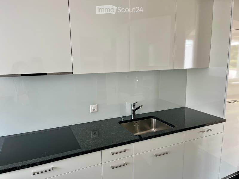 Modern kitchen with white cabinets, black countertop, stainless steel sink, and faucet.