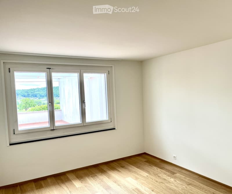 Empty room with light-colored walls and wooden flooring, featuring a large window with a view of a balcony and outdoor scenery.