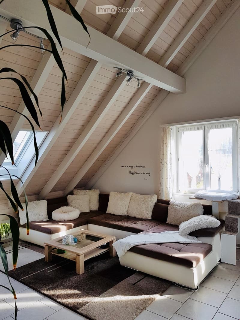 Attic living room with exposed wooden beams, skylight windows, and a large L-shaped sofa with plush pillows and throws.