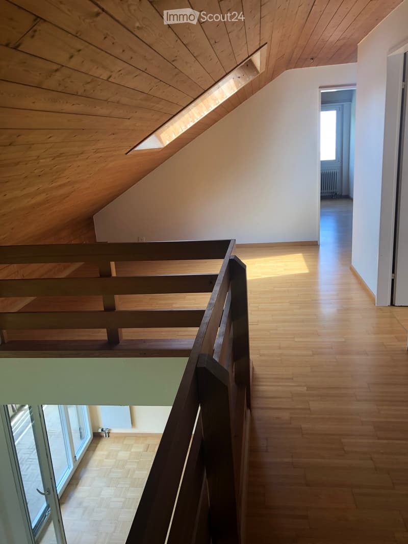 Modern hallway with wooden flooring, slanted wooden ceiling, and a staircase leading to an upper level. Natural light streams in from a skylight and a window on the left side.