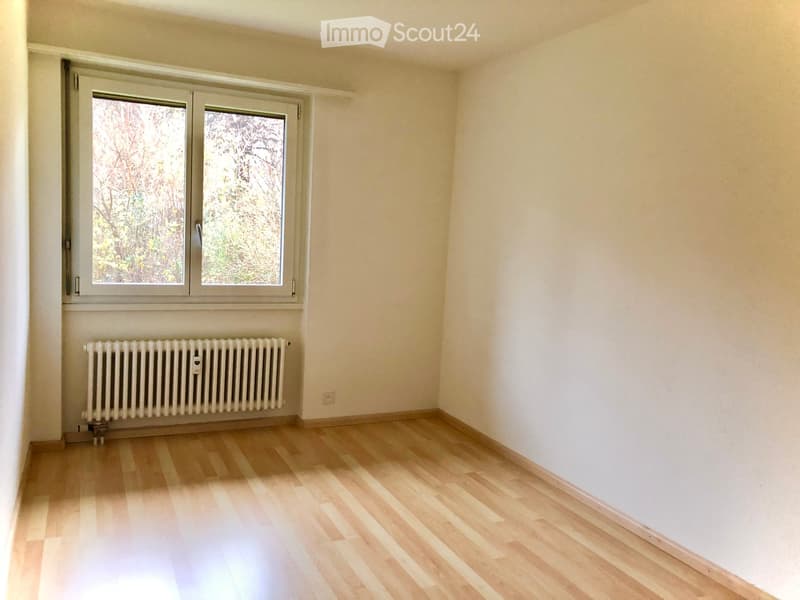 Empty room with light wooden flooring, white walls, and a window with a radiator below it.