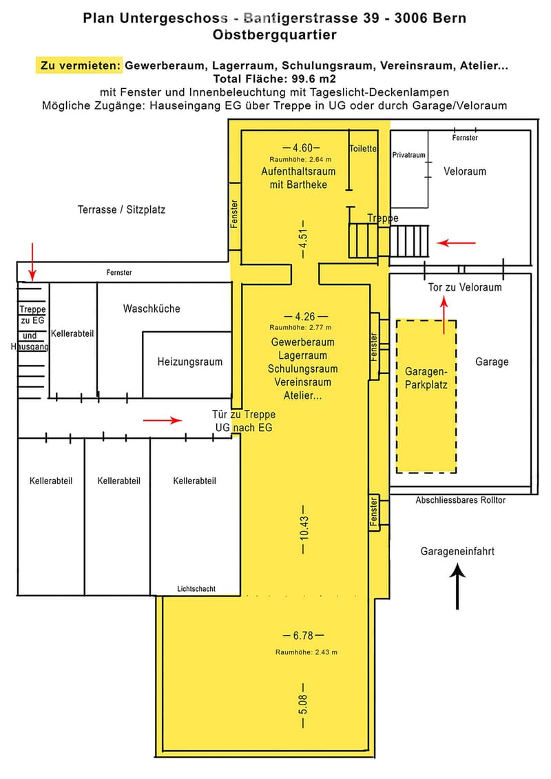 Floor plan of the basement level showing multiple rooms including a lounge area, commercial space, storage, training room, association room, studio, garage, and private room. Features include windows, stairs, and a terrace/sitting area.