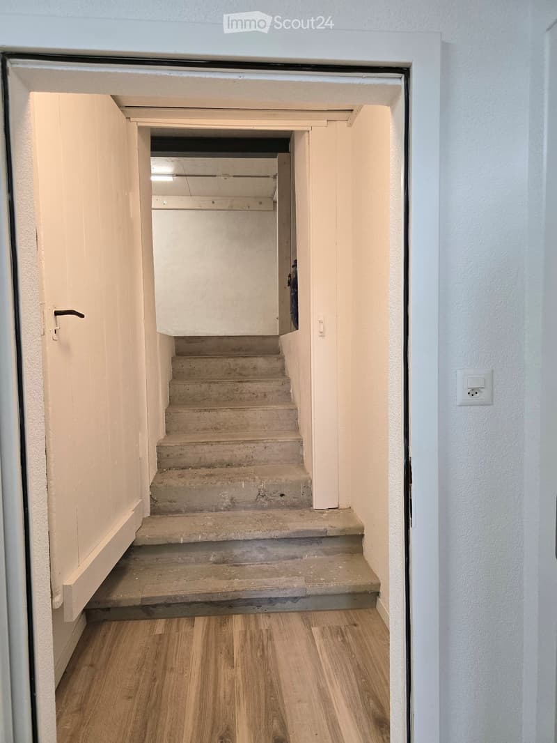 A narrow hallway with wooden flooring leading to a concrete staircase. The walls are white, and there is a visible electrical outlet on the right wall.