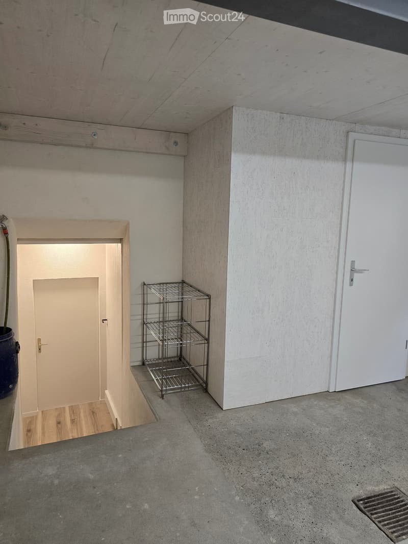 Empty room with concrete floor, white walls, wooden paneling on one wall, metal shelving unit, and two doors.