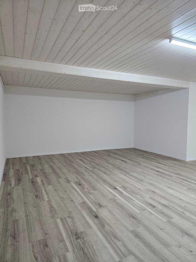 Empty room with light grey wooden flooring and white walls, featuring a white ceiling with recessed lighting and a built-in shelf.