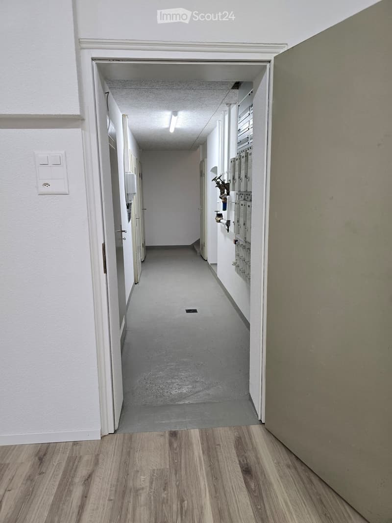 Clean, well-lit hallway with wooden flooring, white walls, and a series of doors on the left side. Electrical panels and water pipes are visible on the right wall.