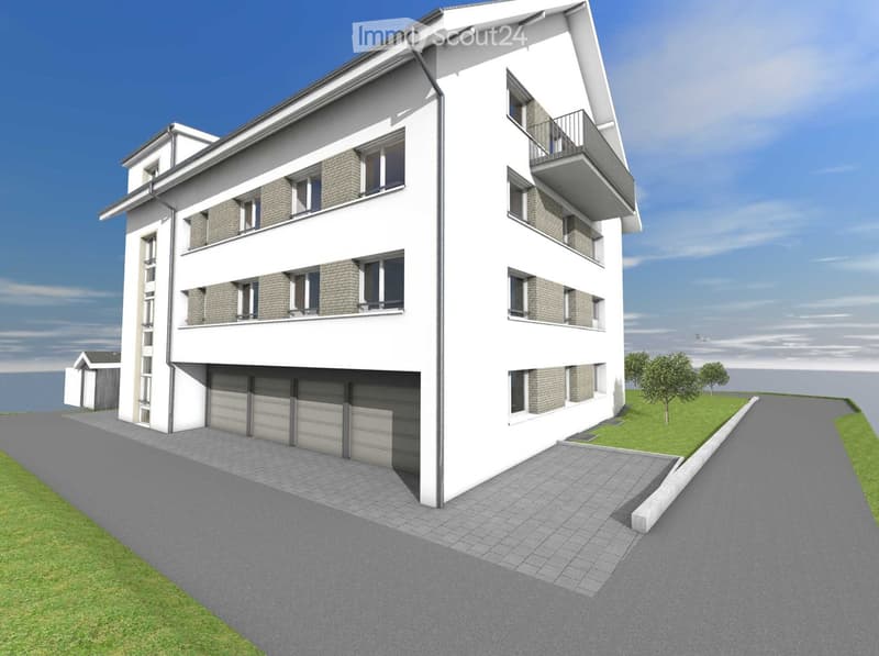 Modern two-story house with white exterior, brick accents, multiple windows, balconies, and a large garage.