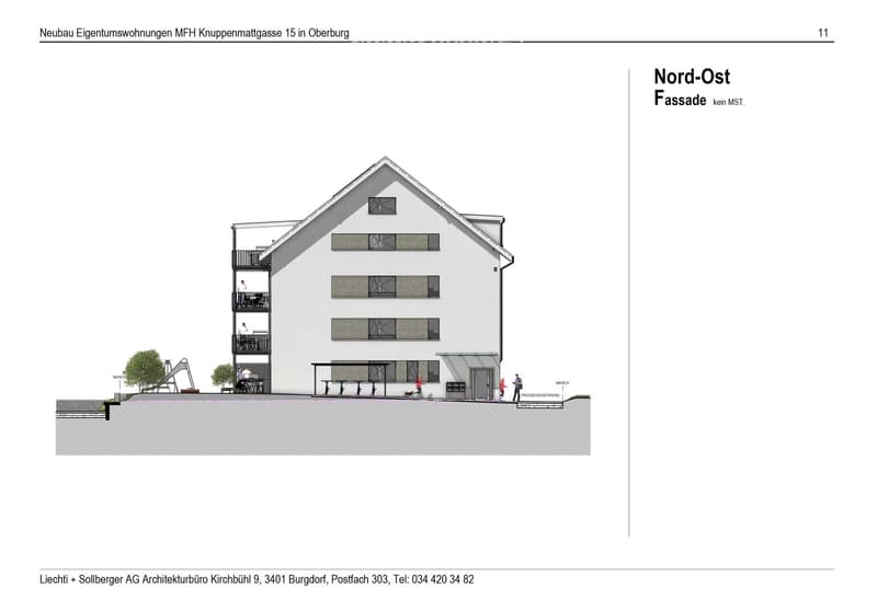 Architectural rendering of a modern multi-story residential building with balconies, large windows, and a raised ground floor.