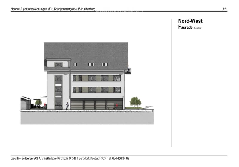 Architectural rendering of a multi-story residential building with a modern facade, featuring large windows, a balcony, and a raised ground floor.