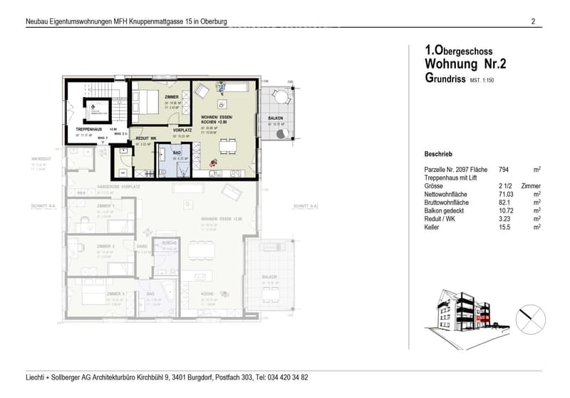 Floor plan of a 2.5-room apartment with living/dining area, kitchen, 3 bedrooms, 2 bathrooms, balcony, and staircase with elevator.