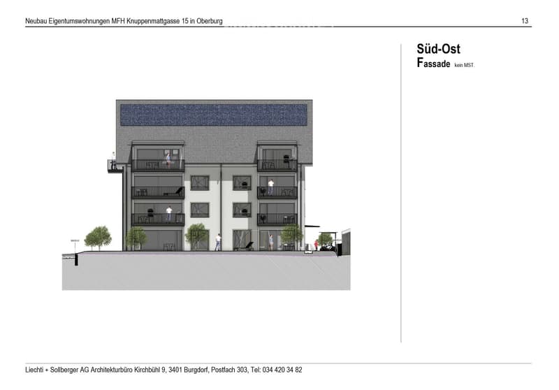 Elevation view of a multi-story residential building with balconies, large windows, and a modern facade design. The building is surrounded by small trees and outdoor seating areas.