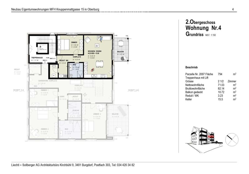 Floor plan of a 2-bedroom apartment on the second floor, featuring a living/dining/kitchen area, two bathrooms, two balconies, hallway, and stairwell with elevator access.