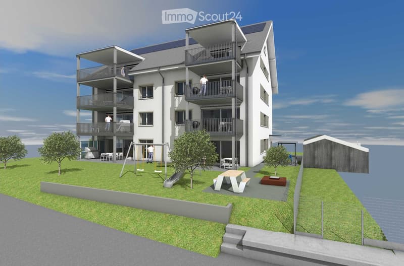 3-story modern building with multiple balconies, surrounded by a landscaped garden with a playground, picnic tables, and trees.
