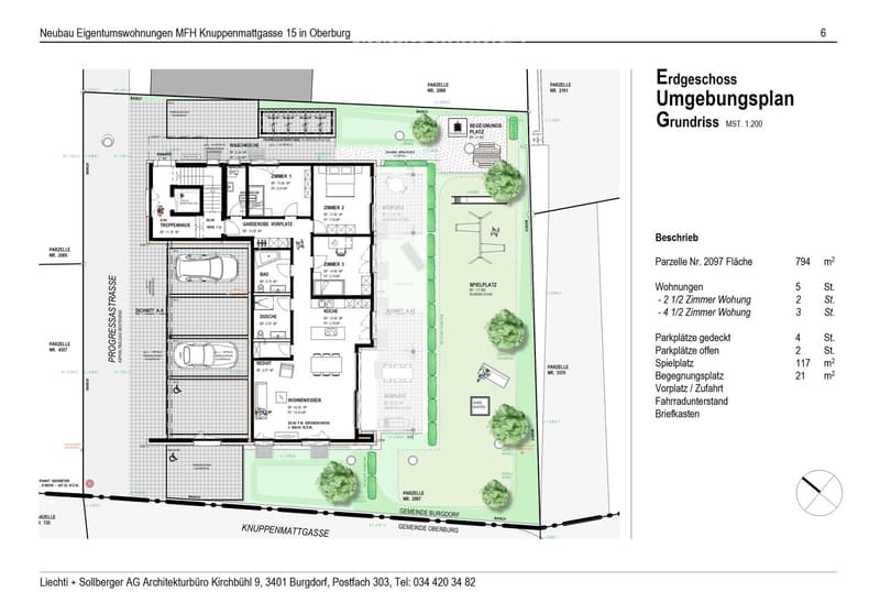 Floor plan of a multi-family housing complex with five apartments, parking spaces, playground, and surrounding area layout.