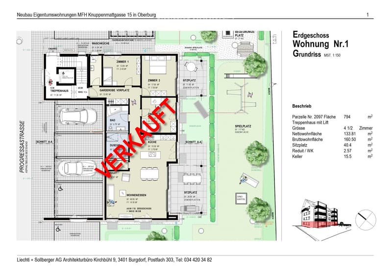 Floor plan of a 4.5-room apartment on the ground floor, including living room, kitchen, two bedrooms, bathroom, hallway, and entrance area.
