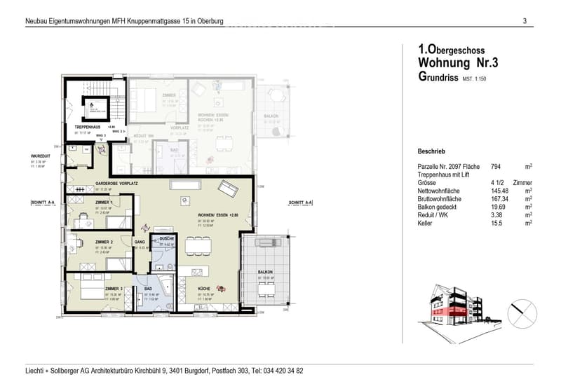 Floor plan of a 4.5-room apartment on the first floor, including living/dining area, kitchen, three bedrooms, bathroom, hallway, and balcony.