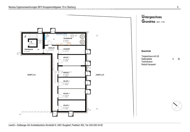 Floor plan of the basement level showing a stairwell with an elevator, storage rooms, a technical room, and a utility area.
