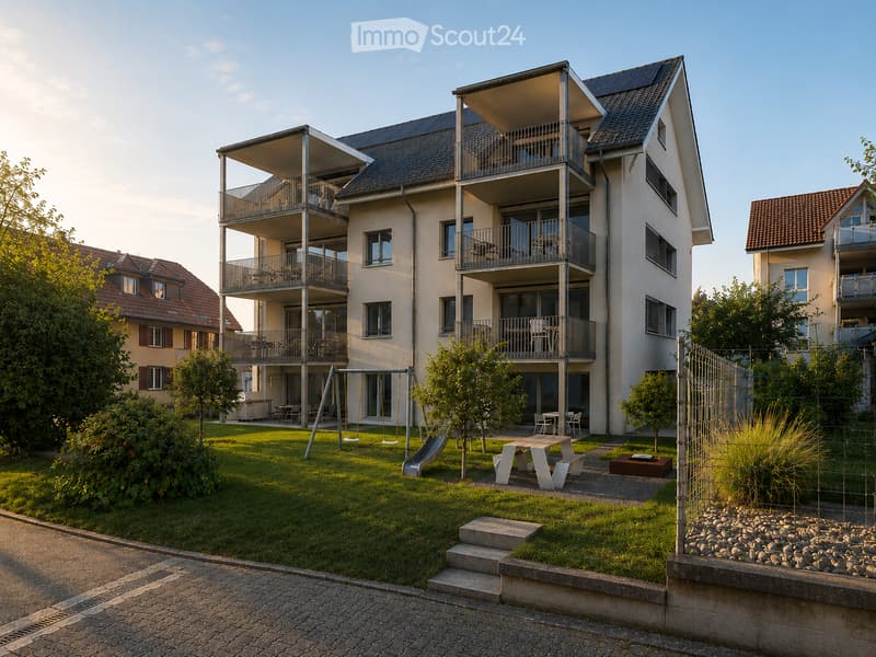 Modern two-story residential building with balconies, surrounded by a well-maintained garden with a playground, picnic table, and seating area.