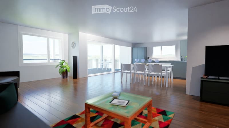Bright living and dining area with wooden flooring, large windows, a sofa, coffee table, dining table with chairs, and a television.