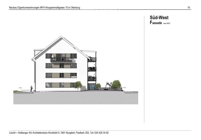 Architectural rendering of a multi-story residential building with balconies, windows, and a raised ground floor. Includes a small playground area in front.