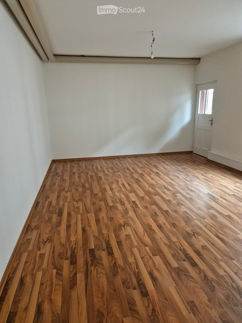 Empty room with wooden flooring and white walls, featuring a single door with a window and a light fixture on the ceiling.