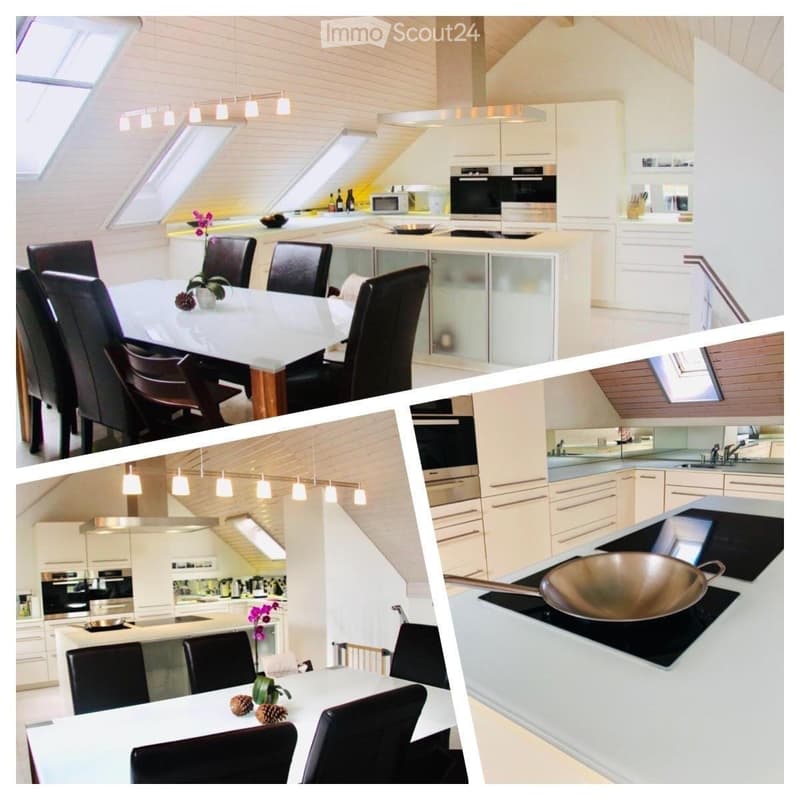 Modern kitchen with white cabinets, stainless steel appliances, a dining area with a white table and black chairs, and a stove with a frying pan on it.