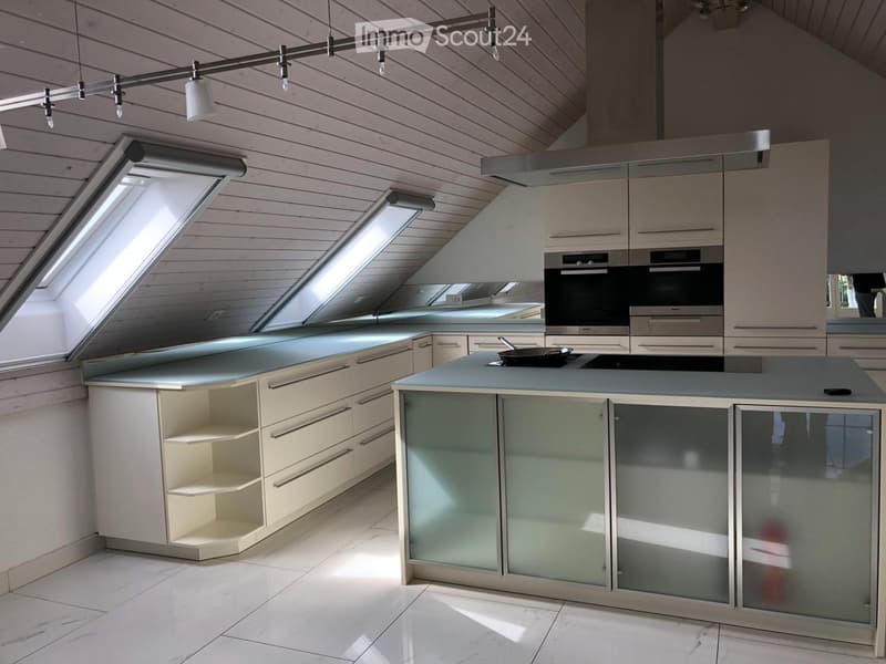 Modern kitchen with white cabinets, glass-fronted storage, island with integrated sink and stove, and skylight windows.