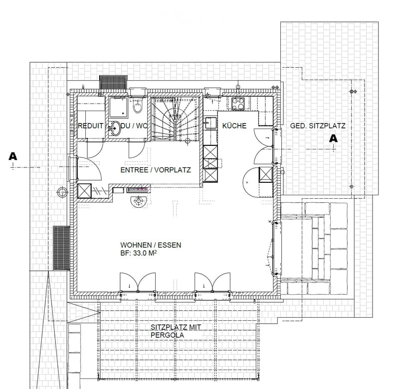 Floor plan showing a living/dining area, kitchen, bathroom, entrance hall, and outdoor seating area with pergola.