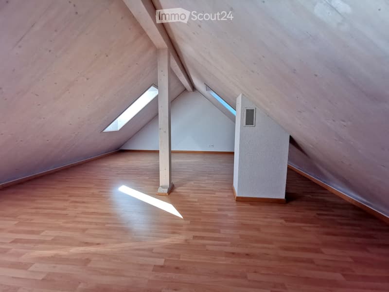 Empty attic space with wooden flooring, white walls, and skylight windows allowing natural light to enter.