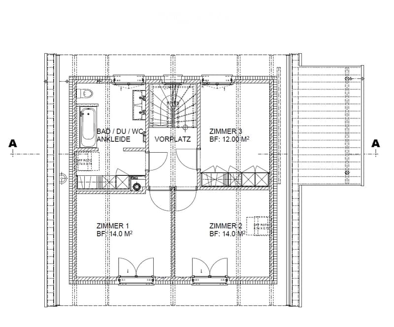 Floor plan showing a bathroom, hallway, and three bedrooms. The bathroom includes a bathtub, shower, and toilet. The hallway connects to three bedrooms, each with specified floor areas.