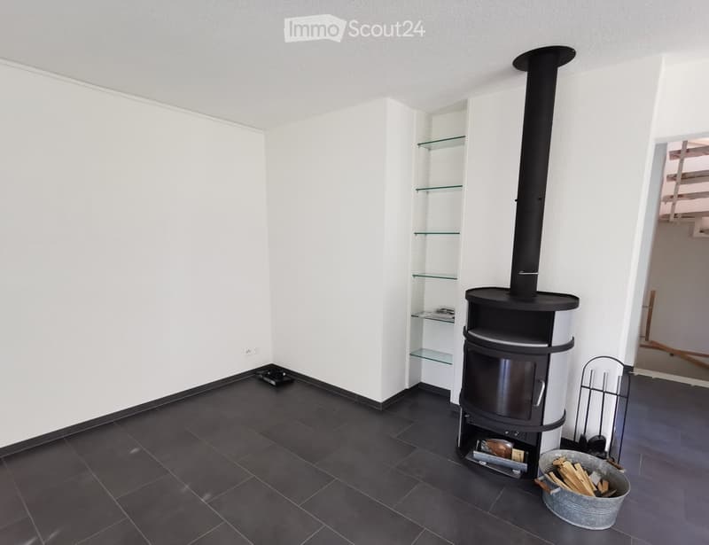 Modern room with dark tiled floor, white walls, wood stove with chimney, shelves, and wood storage.