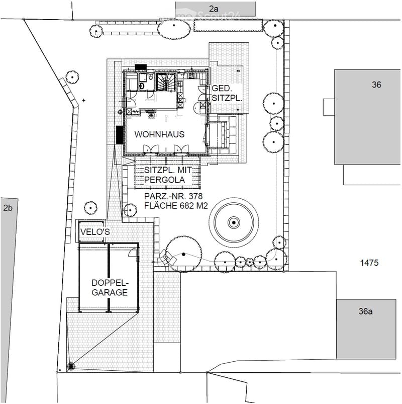 Floor plan showing a residential house with a double garage, seating area with pergola, and garden area.