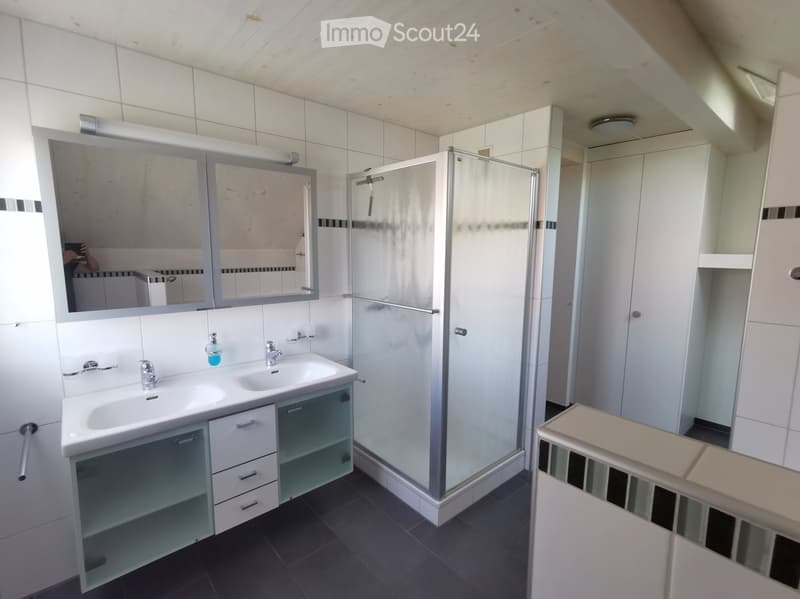 Modern bathroom with white tiles, double sink, large mirror, glass shower enclosure, and built-in cabinets.