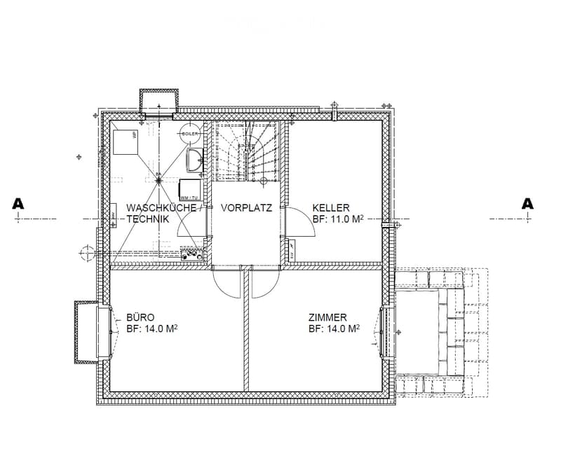 Floor plan showing a basement level with a utility room, office, living space, and entrance area.