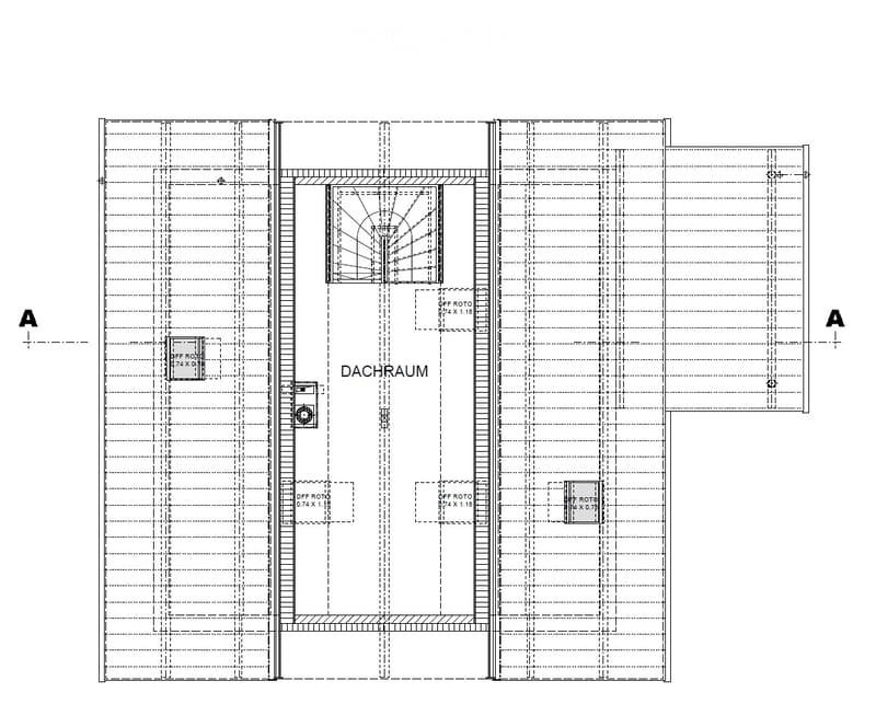 Floor plan of a Dachraum (attic space) with labeled dimensions and off-roto sections.