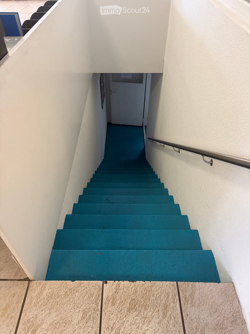 A narrow staircase with bright blue steps and white walls, leading to a door at the top.