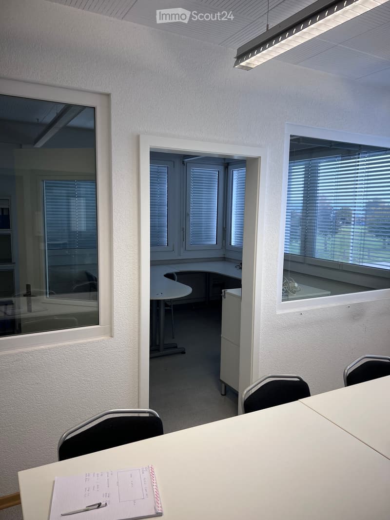 Large room with windows, desks, chairs, cabinets, and meeting table.