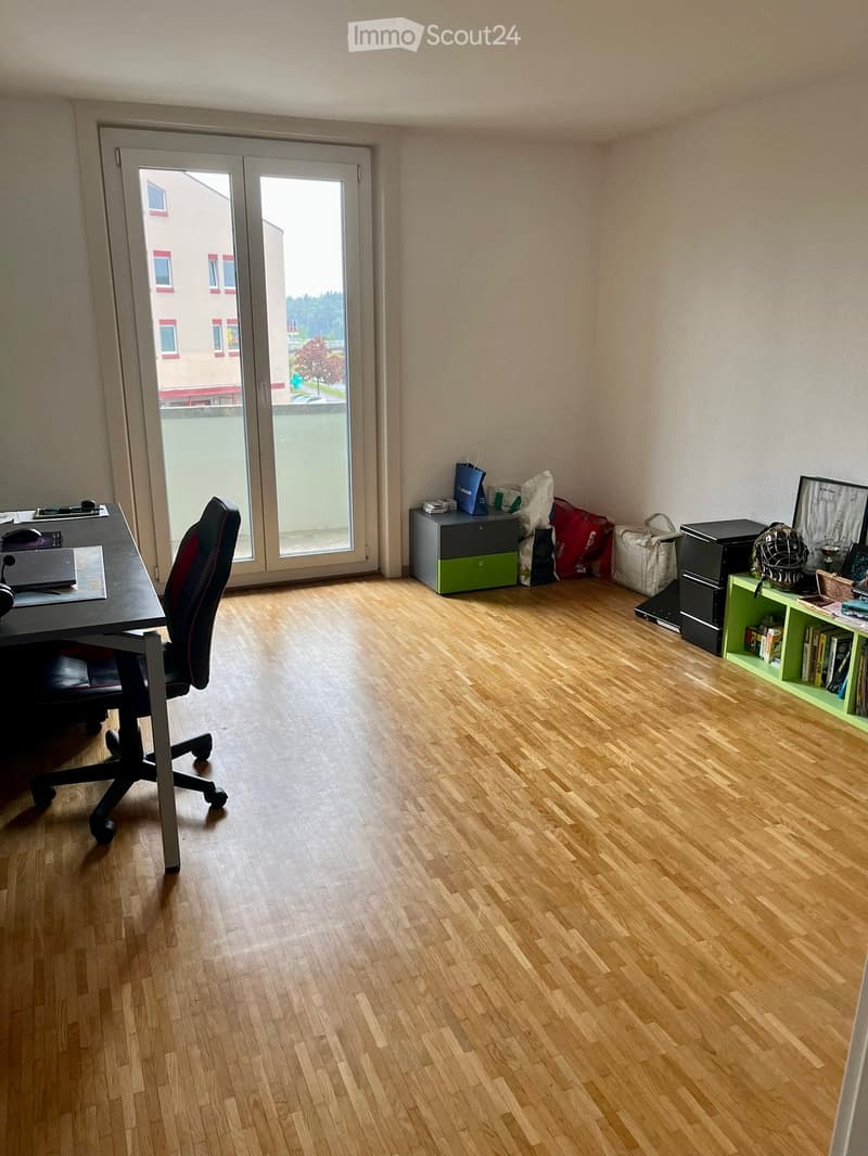 Office space with wooden flooring, large window, desk, chair, laptop, cabinet, and bookshelf with books.