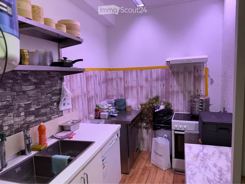 Modern kitchen with white cabinets, a sink, oven, microwave, and dishwasher. Shelves hold pots, pans, and other kitchen items. Wooden flooring and a decorative plant add warmth to the space.