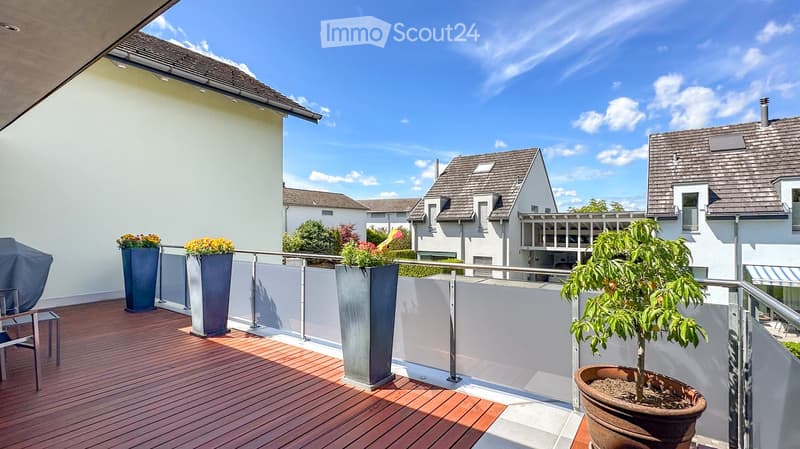 Balcony with wooden decking, metal railing, potted plants, and a covered barbecue area.