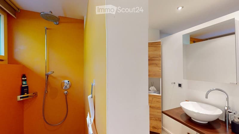 Modern bathroom with orange accent wall, shower, sink, mirror, and wooden cabinet.