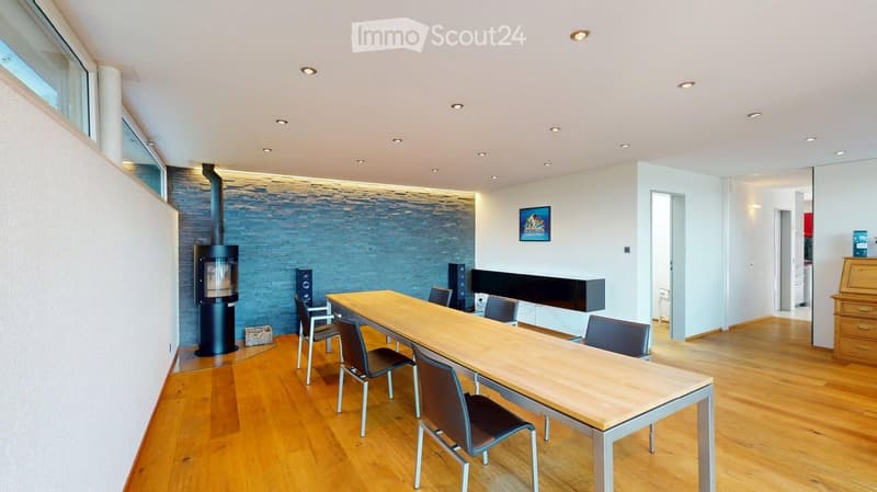 Modern dining area with wooden floor, large dining table, chairs, fireplace, speakers, and a cabinet.
