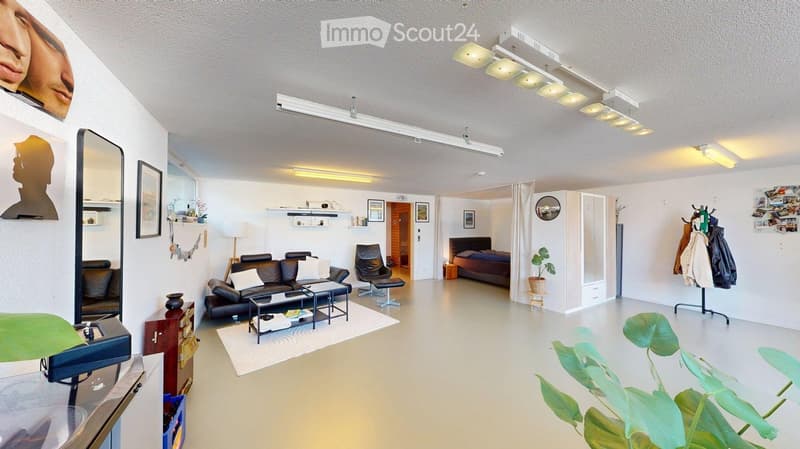Open-plan living and sleeping area with modern furniture, including a black leather sofa, coffee table, armchair, bed, wardrobe, and coat rack. The space features large windows, a sleek ceiling light fixture, and decorative elements like a large mirror an
