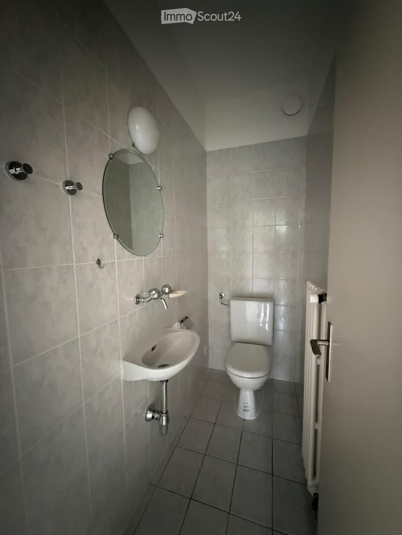 Small bathroom with a toilet, sink, mirror, and faucet. Grey tiled walls and floor.