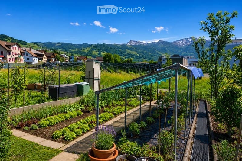 Well-maintained garden with various plants, a greenhouse, and a scenic mountain view in the background.