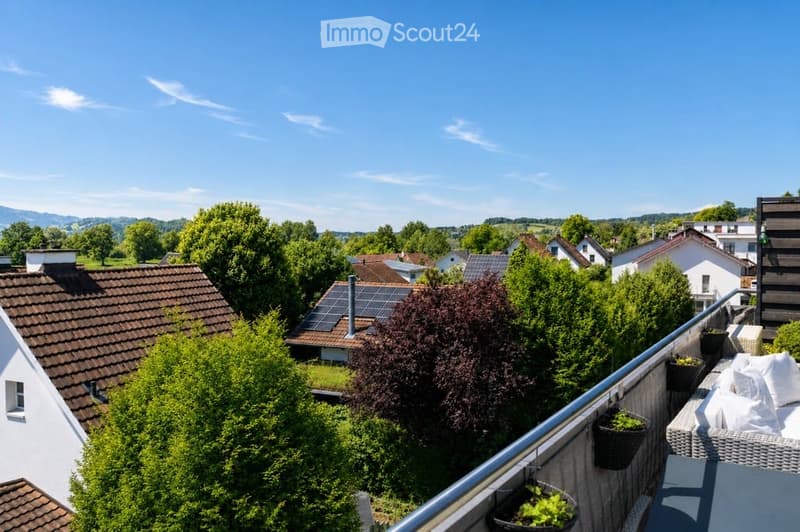 Balcony with outdoor furniture, potted plants, overlooking a suburban neighborhood with houses and greenery.