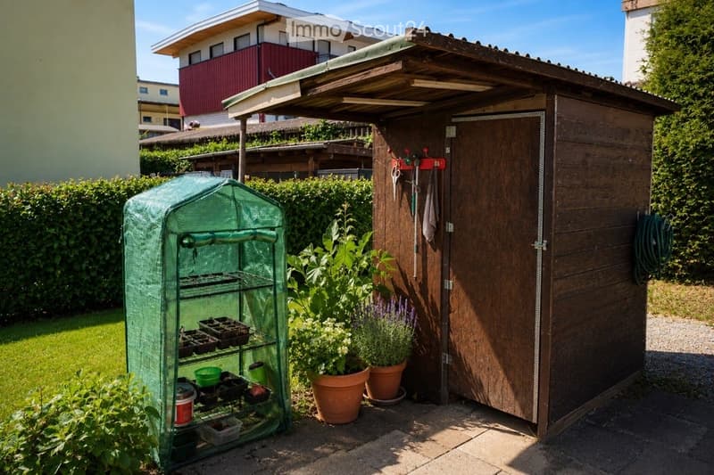 A small wooden shed with tools hanging on the side, a green plant cover with shelves holding gardening supplies, and potted plants nearby.