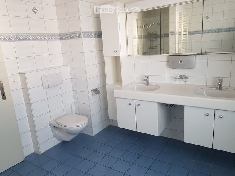 Modern bathroom with white tiles, blue accents, a toilet, a double sink with cabinets, and a large mirror above the sink.